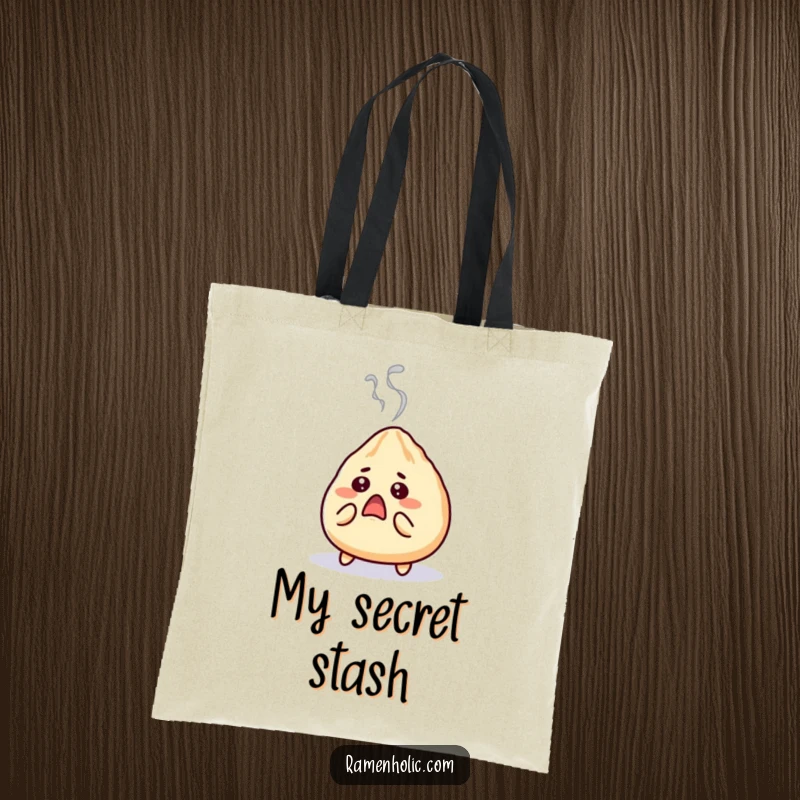 Funny gyoza tote bag with a surprised character puffing steam, looking shocked, perfect for carrying essentials with foodie humor.