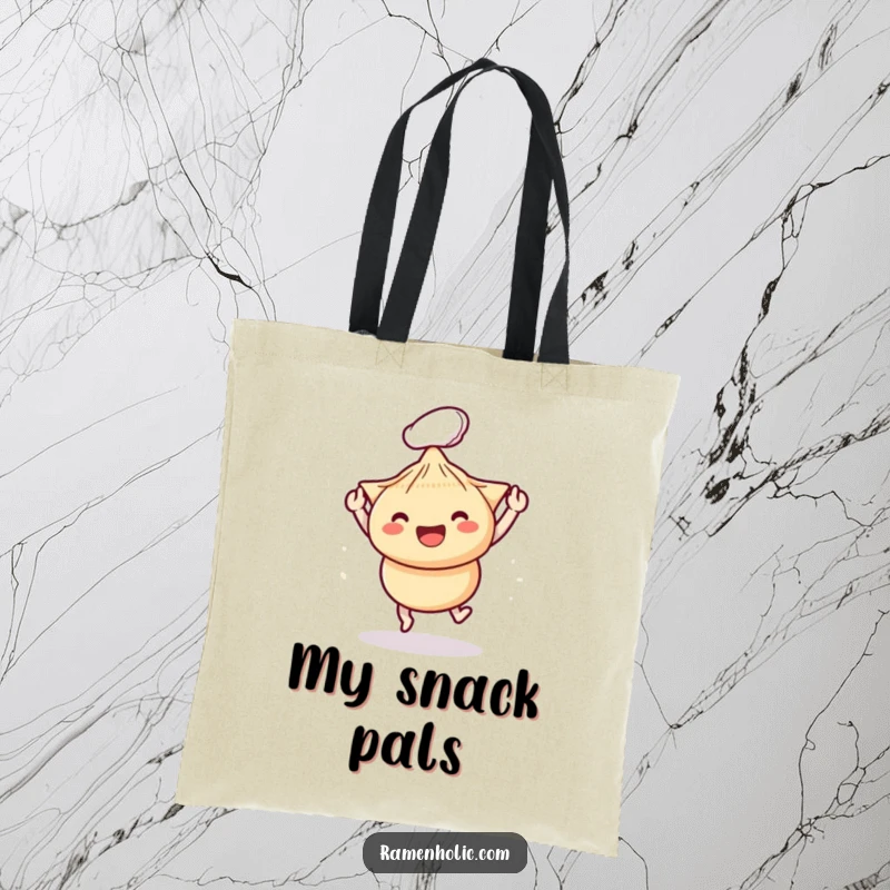 Funny tote bag showcasing playful chopsticks bopping a happy dumpling, ideal for carrying items with a touch of culinary humor.