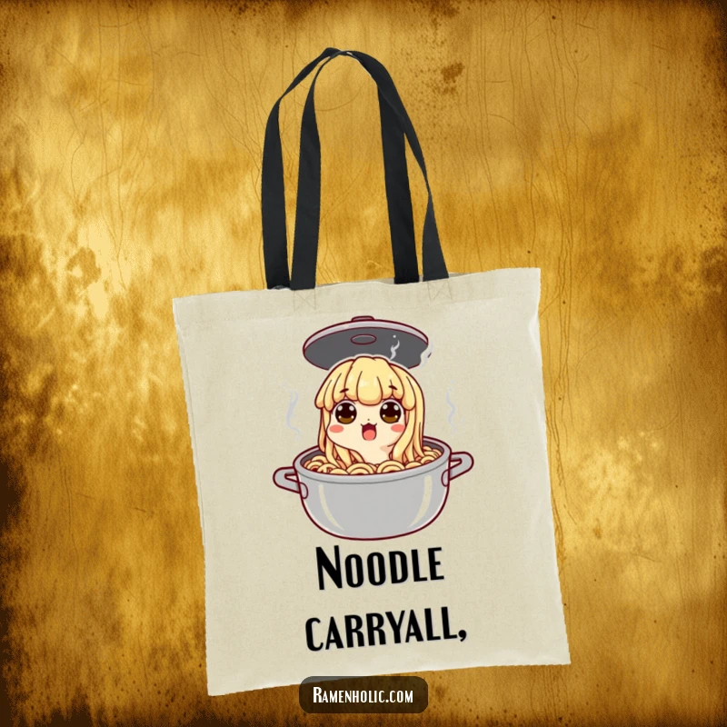 Funny noodle peeking with wide eyes from a boiling pot, a humorous and practical tote bag for shoppers and food enthusiasts.